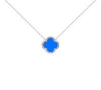 Jewelco London Silver Blue Clover Agate & CZ Halo Lucky Charm Pendant Necklace 16-18"