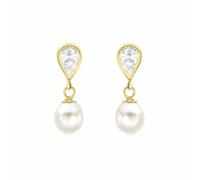 Jewelco London Solid 9ct Gold Pear Cultured Freshwater Pearl & Cubic Zirconia Mirrored Double Teardrop Drop Earrings