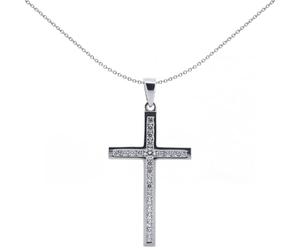 Jewelco London Solid 9ct White Gold Cubic Zirconia Art Deco Outline Channel Set Cross Pendant