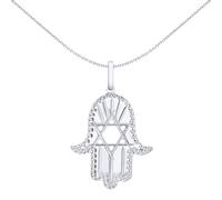 Jewelco London Solid Rhodium Plated Sterling Silver Hamsa 5 Hand Magen David Star Diamond-cut Charm Pendant
