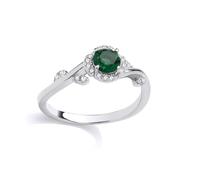 Jewelco London Sterling Silver CZ & Emerald Solitaire Petal Ring