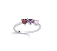 Jewelco London Sterling Silver CZ Garnet, Amethyst & Pink Triple Heart Ring