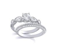 Jewelco London Sterling Silver CZ Round & Pear Cut Wedding Ring Set