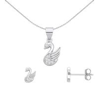 Jewelco London Sterling Silver CZ Swan Earrings & Pendant Set