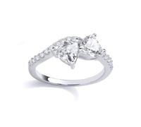 Jewelco London Sterling Silver CZ Twin Heart Cut Crossover Ring