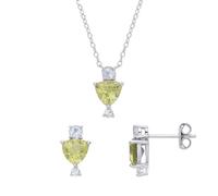 Jewelco London Sterling Silver Green Blue Trillion CZ Flying Squirrel Trilogy Toi et Moi Earrings Necklace Set - GSET635