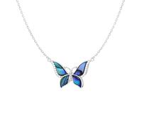Jewelco London Sterling Silver Iridescent Blue Wing Pāua Shell & Cubic Zirconia Majestic Butterfly Charm Adjustable Lavalier Necklace, 16.5-17.5" 41-43cm