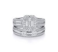 Jewelco London Sterling Silver Round & Baguette CZ Shoulder-set 3-Row Solitaire-style Wedfit Bridal Rings Set