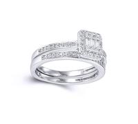Jewelco London Sterling Silver Round & Baguette CZ Shoulder-set Square Solitaire-style Wedfit Bridal Rings Set