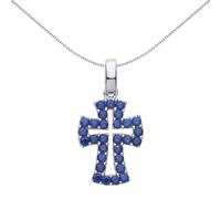Jewelco London Unisex Rhodium Plated Sterling Silver Blue CZ Graduated Serif Byzantine Cross Pendant Necklace - GVX065
