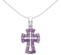Jewelco London Unisex Rhodium Plated Sterling Silver Purple CZ Graduated Serif Byzantine Cross Pendant Necklace - GVX066