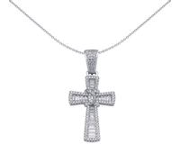 Jewelco London Unisex Rhodium Plated Sterling Silver Round & Baguette CZ Graduating Byzantine C Knot Cross Pendant - APX032