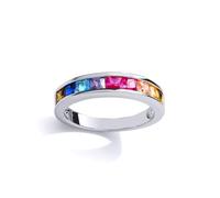 Jewelco London Unisex Sterling Silver Multi Colour Princess Cut Cubic Zirconia Rainbow Half Eternity Ring - Size N