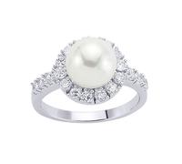 Jewelco London Women's Silver CZ Pearl Halo Full Moon Dress Ring 10mm - GVR534 in White | Size: N Jewelco London White N