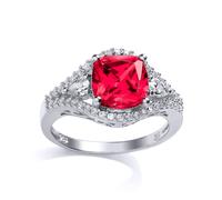 Jewelco London Women's Silver Red Cushion CZ Halo Engagement Ring - GVR673RU in White | Size: R Jewelco London White R