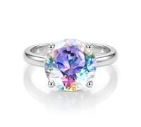 Jewelco London Women's Sterling Silver Aurora Borealis Round Brilliant Cubic Zirconia 4 Claw Rainbow Solitaire Cocktail Ring, 12mm