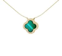 Jewelco London Women's Sterling Silver Green Round Disc Malachite & Cubic Zirconia 4 Leaf Clover Halo Adjustable Charm Necklace, 16.5-17.5" 42-45cm