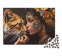Jeweled Woman Leopard Difficult 1000 Piece Jigsaw Puzzle for Adults Graceful Woman Tender Moment with Wild Tiger Premium Sturdy Vibrant Challenging Stress Relief 38x26cm/1000pcs