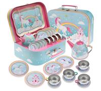 Jewelkeeper 15 Piece Kids Party Tin Tea Set for Toddlers - Kids Pretend Toy Tin Tea Set & Carrying Case - Rainbow Unicorn tea sets for girls - unicorn gifts for girls
