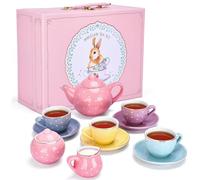 Jewelkeeper Porcelain Tea Set for Toddlers - Glazed Pastel Polka Dot Design, 13-Piece Set Includes 4 Tea Cups with Saucers, Teapot, Creamer, Sugar Bowl - Ideal Girls Gifts