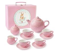 Jewelkeeper Tea Party Set for Toddlers - 13-Piece Girls Porcelain Pretend Tea Set for Kids - Includes Teapot, Cups, Saucers, Sugar Bowl, and Milk Pot - Toy Picnic Basket and Tea Set (Pink Polka Dot)