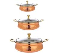 jewellary hub Hammered Copper Handi | Brass Handle | Saute Fry Pan | Combo 3 pcs Set | Copper Sipri with Glass Lid for Cooking and Serving 300, 500 & 700 ml