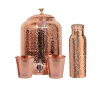 jewellary hub Handcrafted water dispenser pot | pure copper for ayurvedic healing | water container tank with two matching tumbler glasses and one copper bottle for storage (Copper, 16 Liter)
