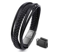 Jewellbox Mens Leather Bracelet, Black, Adjustable Size 21cm - 22.2cm, Premium Bracelet for Men with Magnetic Clasp