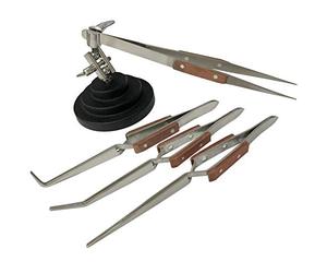 Jewellers Tools Adjustable 3rd Hand Base Vice & 4 Angled Tweezers Set - Fibre Material, Industrial Tweezers, Watch, Jewelry Making or Repairing, Soldering Work