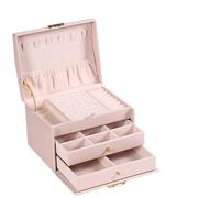 Jewellery Box 1pc Three Layer Leather Drawer Style Jewellery Box Earrings Bracelet Ring Necklace With Lock(Pink)