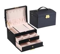 Jewellery Box 1pcs Multi Functional Three Layer Leather Drawer Style Jewelry Box Earrings Lock(Black)