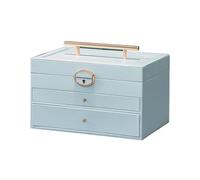 jewellery box Jewelry Box Organizer with Glass Lid, 3-Layer Jewelry Storage With Mirror Leather For Ring Necklace Earring travel(Blu)