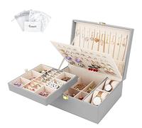 Jewellery Box Organiser for Necklaces Earrings Bracelets Rings Watches, 2 layer Large PU Leather Travel Jewelry Storage Case with Removable Tray and Large Stud Plate, Grey