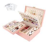 Jewellery Box Organiser for Necklaces Earrings Bracelets Rings Watches, 2 layer Large PU Leather Travel Jewelry Storage Case with Removable Tray and Large Stud Plate, Pink