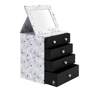 Jewellery Box Organiser with 5 Drawers and Folding Mirror, Large Fibreboard Dressing Table Organiser, Makeup Storage Organiser for Rings Earrings Bracelets Necklaces, Floral Grayscale Print