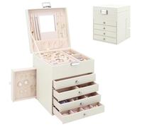 Jewellery Box Organiser with 6 Drawers and Mirror, Large PU Jewelry Organiser Display Case with Side Drawers, 5 Layers Jewellery Box for Rings Earrings Bracelets Necklaces, Beige