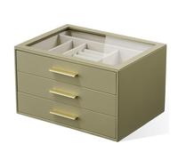 Jewellery Box Organizer Case for Women: 3-Layer Jewelry Storage Case with Glass Window, Olive Green Leather with Cream Velvet, Holder for Ring Necklace Bracelet Brooch Watch, Great Gift for Her