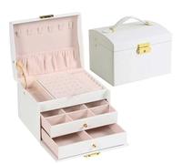 Jewellery Box Three Drawer Handheld Jewellery Box Earring Ring Necklace Storage PU Leather Display With Security Key Lock(White)