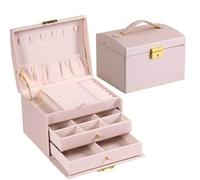 Jewellery Box Three Drawer Handheld Jewellery Box Earring Ring Necklace Storage PU Leather Display With Security Key Lock(Pink)