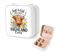Jewellery Box with Highland Cow, Portable Travel Jewellery Box 10×10×5cm (3.9×3.9×2in), Personalised Pearl White Travel Jewellery Case, Highland Cow Gifts for Girls Women