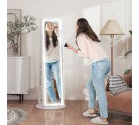 HOMCOM 360° Swivel Mirror Jewellery Cabinet with 3 Colour LED Lights, Lockable Jewellery Organiser, Free Standing Full Length Mirror with Storage for Earrings, Necklaces, Rings and Lipsticks, White
