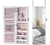 Jewellery Cabinet Mirror White MDF 37x10.5x108cm Pink Velvet Lined Lockable LED