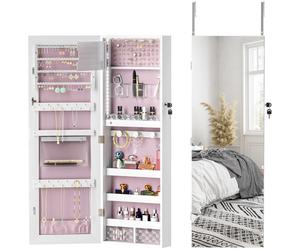 Jewellery Cabinet Mirror White MDF 37x10.5x108cm Pink Velvet Lined Lockable LED