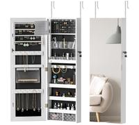 Jewellery Cabinet White MDF Full-Length Mirror Lockable LED Velvet 108cm Black.
