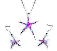 Jewellery Gift Set for Women - Starfish Nautical Beach Theme Design - Silver Plated Pendant Necklace with Purple Fire Opal Enamel Inlay & Matching Drop Earrings - With Gift Box - (Purple)