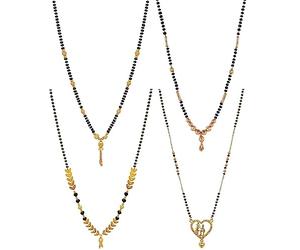 Jewellery One Gram Gold Plated Combo Of 4 Mangalsutra Necklace Pendant Tanmaniya Nallapusalu Black Bead Chain For Women & (Yellow)_11335