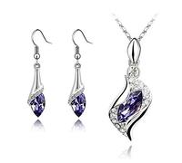 Jewellery Set for Women, 925 Sterling Silver Plated Hook Dangle Drop Earrings & Necklace Pendant Set Cubic Zirconia Crystal Jewellery for Mother Wife Girlfriend Valentines's Day Gifts Dark Purple