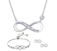 Jewellery Sets 925 Sterling Silver Necklace Bracelet and Earrings Studs for Women Elegant Infinity Symbol Pendant Bracelet Earrins Adjustable Necklace Bracelet Set Fashion Earrings with Cubic Zirconia