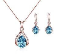FFWTPY Jewellery Sets for Women Crystal Necklace and Earrings Set for wedding Rose Gold Teardrop Pendant Necklace Set Gift for Birthday Christmas Valentine’s day (Light Blue)