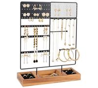 Jewellery Stand, 4 Tier Earring Holder with 84 Holes Ear Stud, Jewellery Organiser Stand with Wood Basic stand, Necklace Stand, Jewellery Display Stand for Earring Ring Ear Stud Bracelet (Black+Brown)